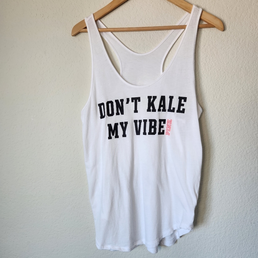 Victoria's Secret PINK White Yoga Racerback Tank Top "Don't Kale My Vibe" Size M